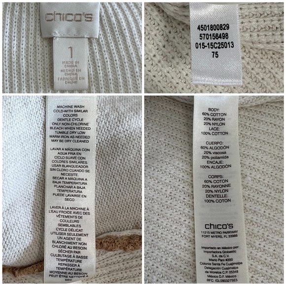 Chico’s Sweater Christina Lace Front Pullover Ecru Ivory Tan 8 Medium M - Picture 7 of 12